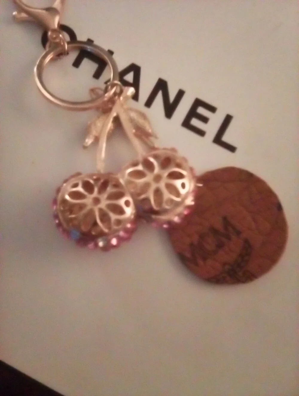 MCM Brown Leather Logo Disk With Pink Crystal Cherry Keychain Designer Bag Charm - Picture 6 of 11